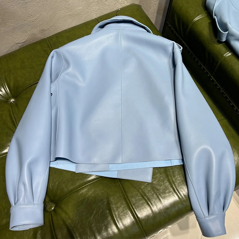 Woman Oversized Blue Leather Jacket Real Sheepskin Leather Coat 2025 New Arrival Jackets