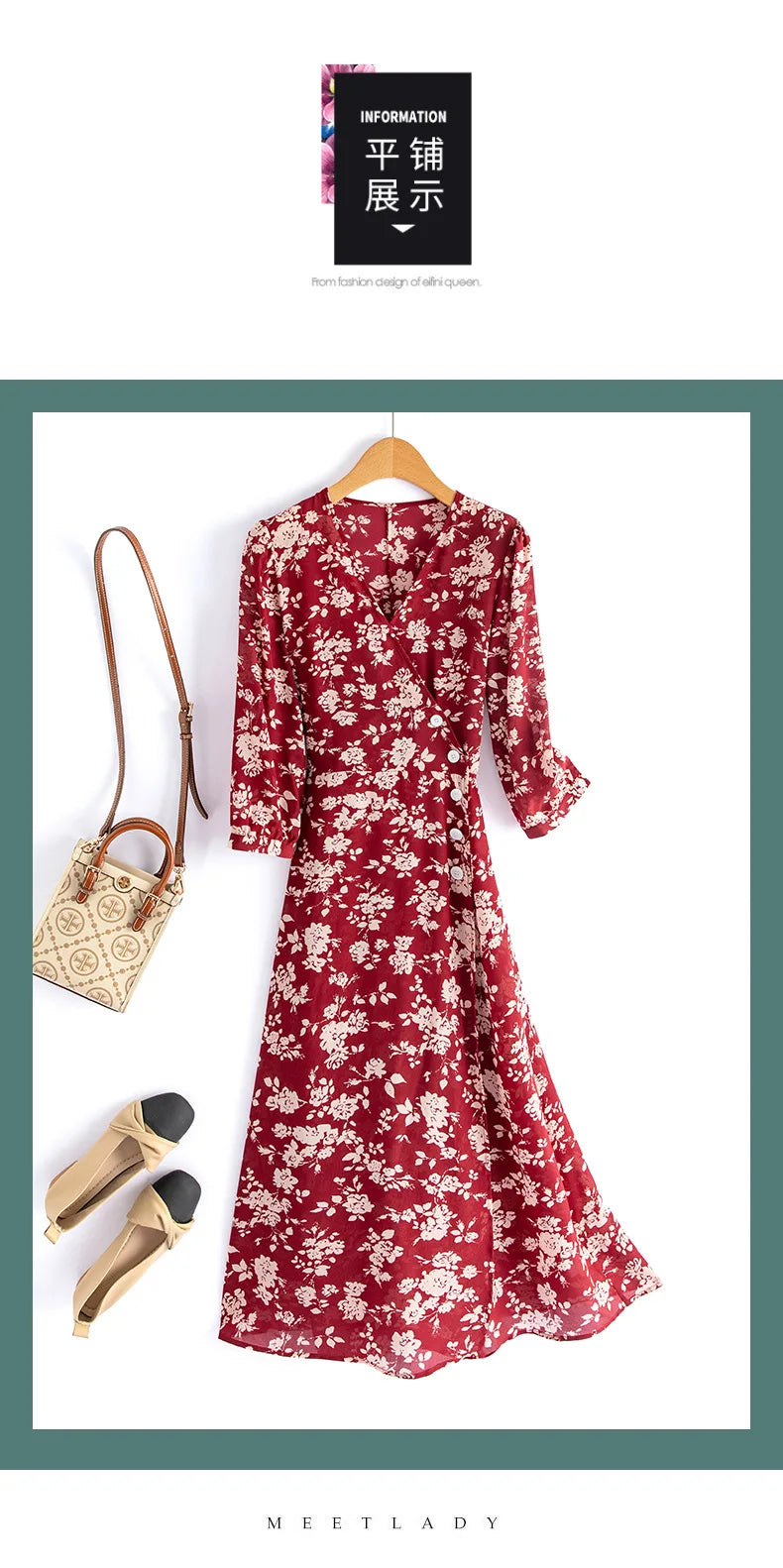 Silk Dress Summer New 2025 Women French Temperament V-neck Five-point Sleeve Printed Mulberry Silk Tea Break Dress