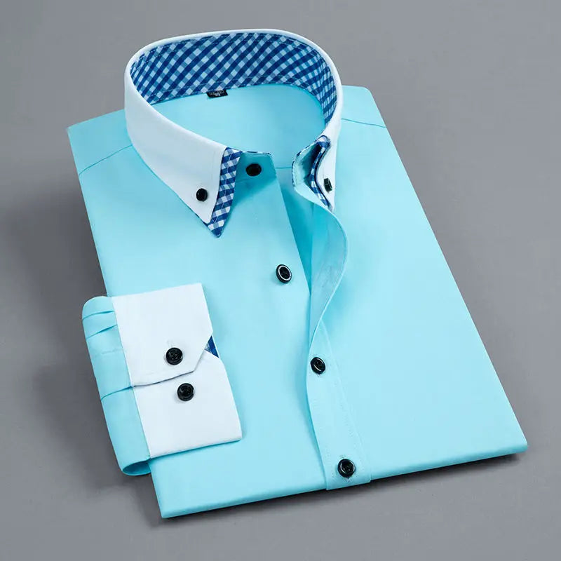 Men's Long Sleeve Dress Shirt Non Iron Double Layer Business Formal Regular Fit Office Camisa Fashion White Blue Social Shirts