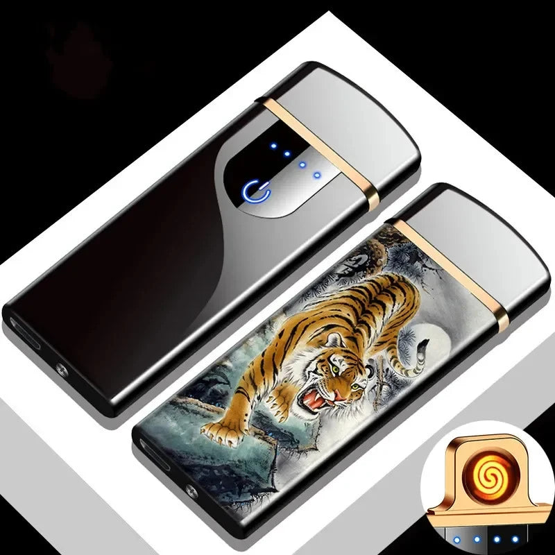 Hot Electric Windproof Metal Lighter Double Arc Plasma Flameless Rechargeable USB Lighter LED Power Display Touch Sensor Lighter
