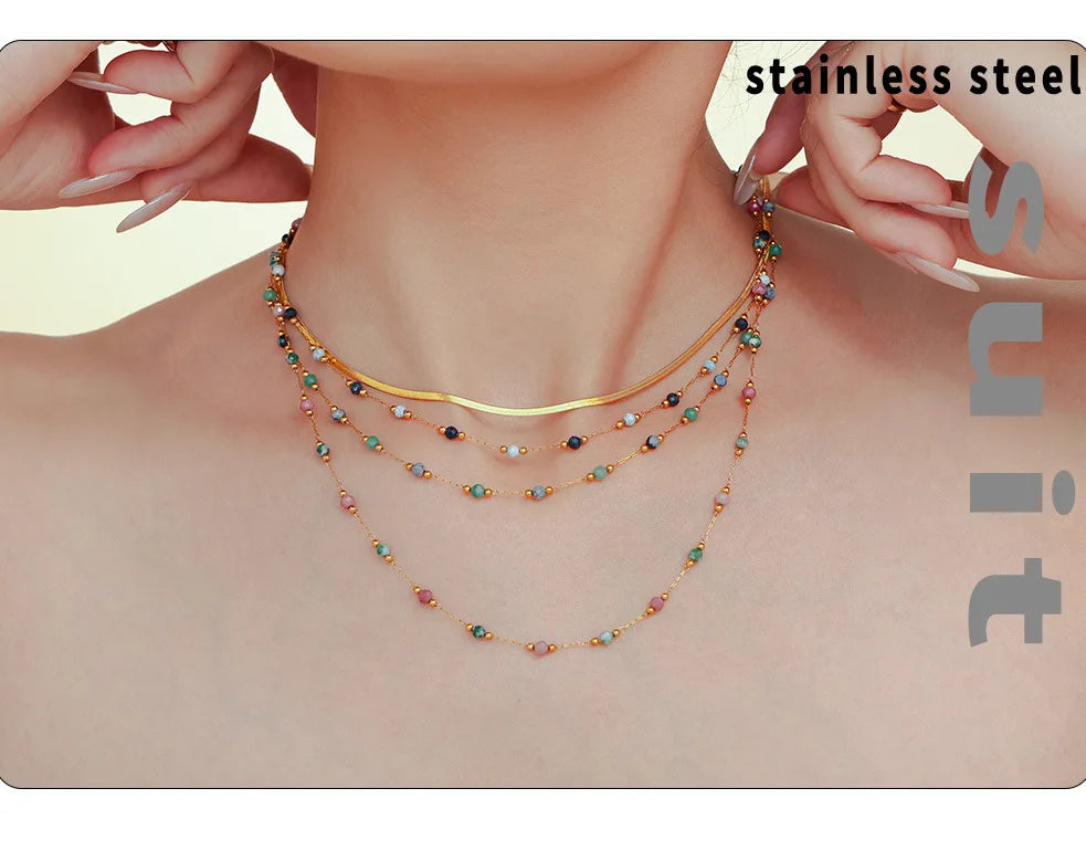 Women's Necklace Natural Stone Handmade Bead Double-layer Layered Collarbone Chain Stainless Steel Jewelry