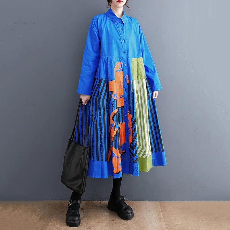 Long Sleeve Patchwork Vintage Print Dresses For Women Loose Casual Midi Dress Robe Fashion Elegant Clothing Spring Autumn 2025