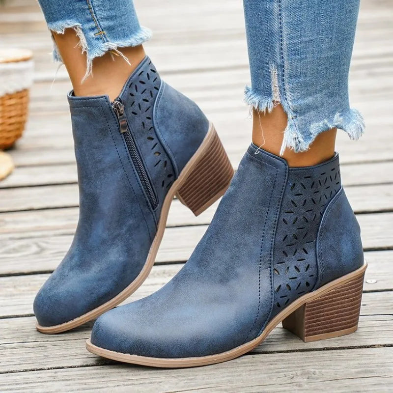 Women Pointed Toe Ankle Boots Thick Heel Side Shoes Women Zipper Fashion Retro Leather Short Barrel Hollow Boots Botas Mujer