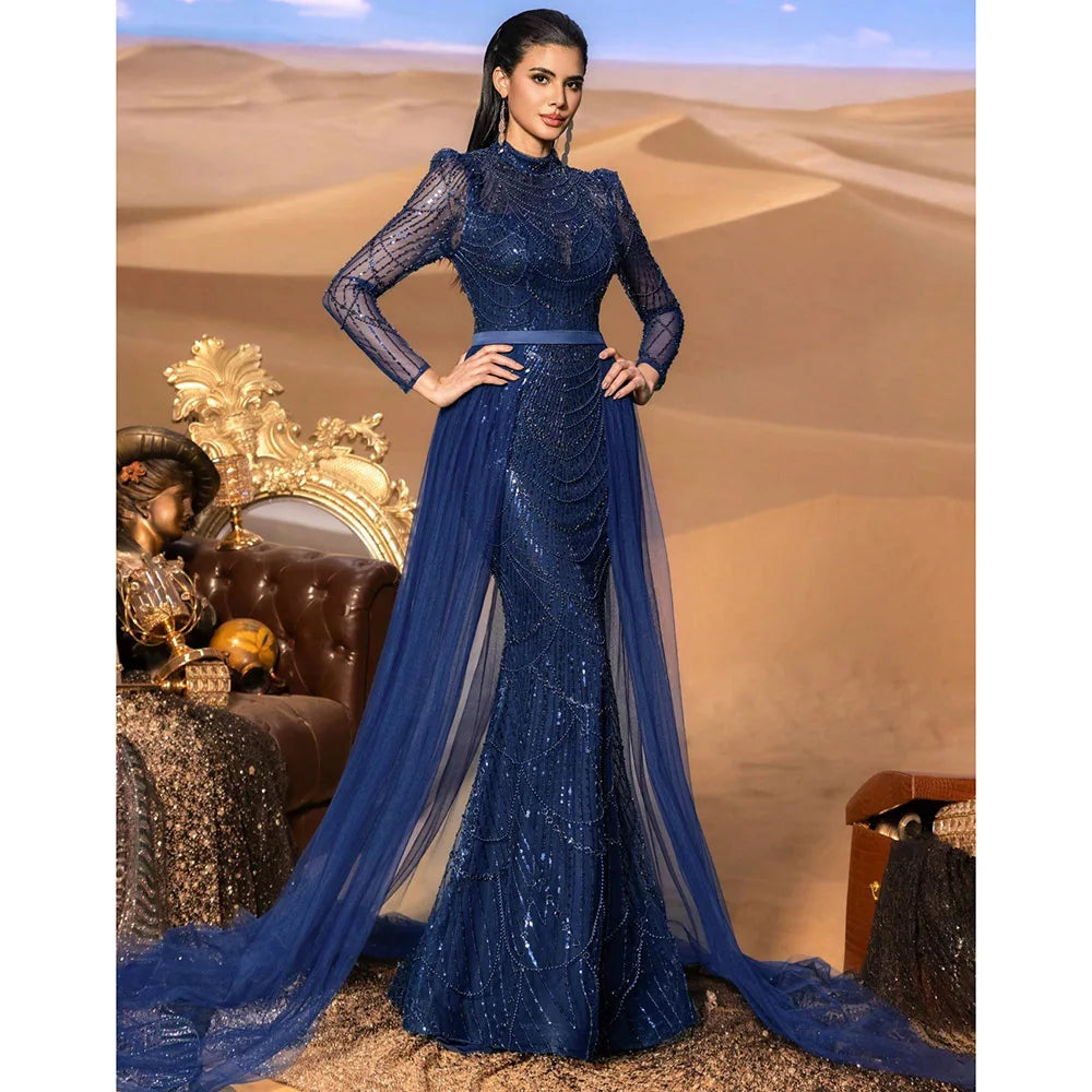 Elegant Wedding Evening  Dress for Women 2026 Muslim Long Sleeves Mermaid Detachable Train Sequined Prom Party Gown Customized