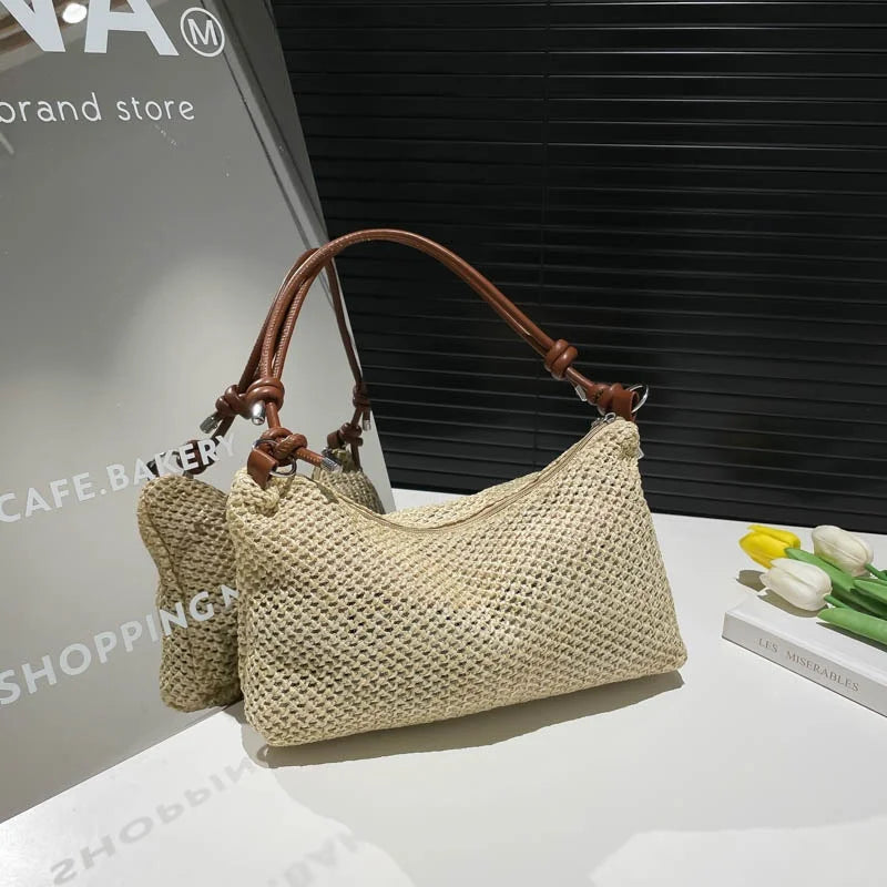 Women Woven Bag Summer Beach Holiday Handbag Portable Tote Bag Fashion Casual Big Capacity Leather Rope Women Shoulder Bags