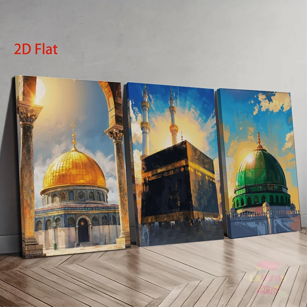 3pcs Muslim Religious Style Islamic Holy Sites Poster Print Al-Qaba Mosque with Gold-Plated Dome Decorative Canvas Art Eid Gift