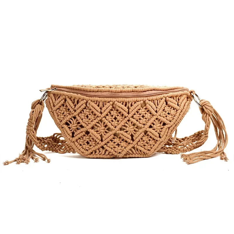 Women's Summer Beach Knitted Bag Bohemia Fanny Pack Fashion Ethnic Style Crochet Waist Bag Shoulder Bag Woven Outdoor Tote 2024