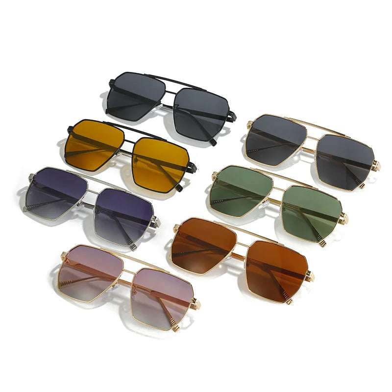 High Quality Square Polarized Sunglasses For Women Retro Oversized Double Bridge Sun Glasses Men Luxury Big Metal Goggle Shades