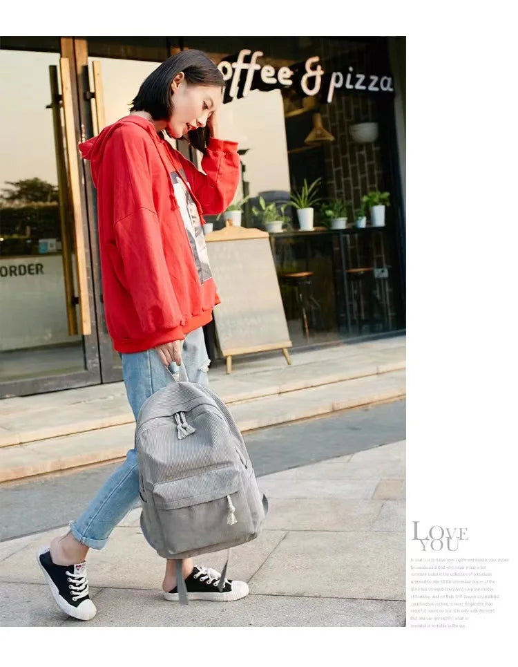 Corduroy Backpack, Academy Fashion School Bags for Middle/High School & College, Cute Tassel Detail, Versatile Casual Daily Bag