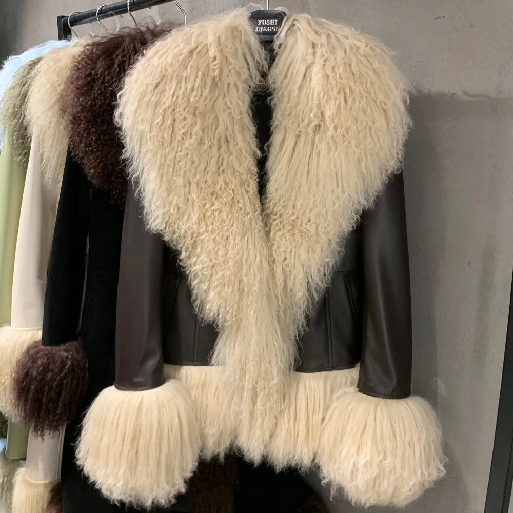 Sheep Collar Coats Women Winter Luxury Mongolian Fur Leather Jackets with Long Sleeve 7251