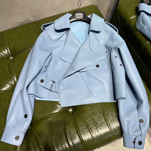 Woman Oversized Blue Leather Jacket Real Sheepskin Leather Coat 2025 New Arrival Jackets