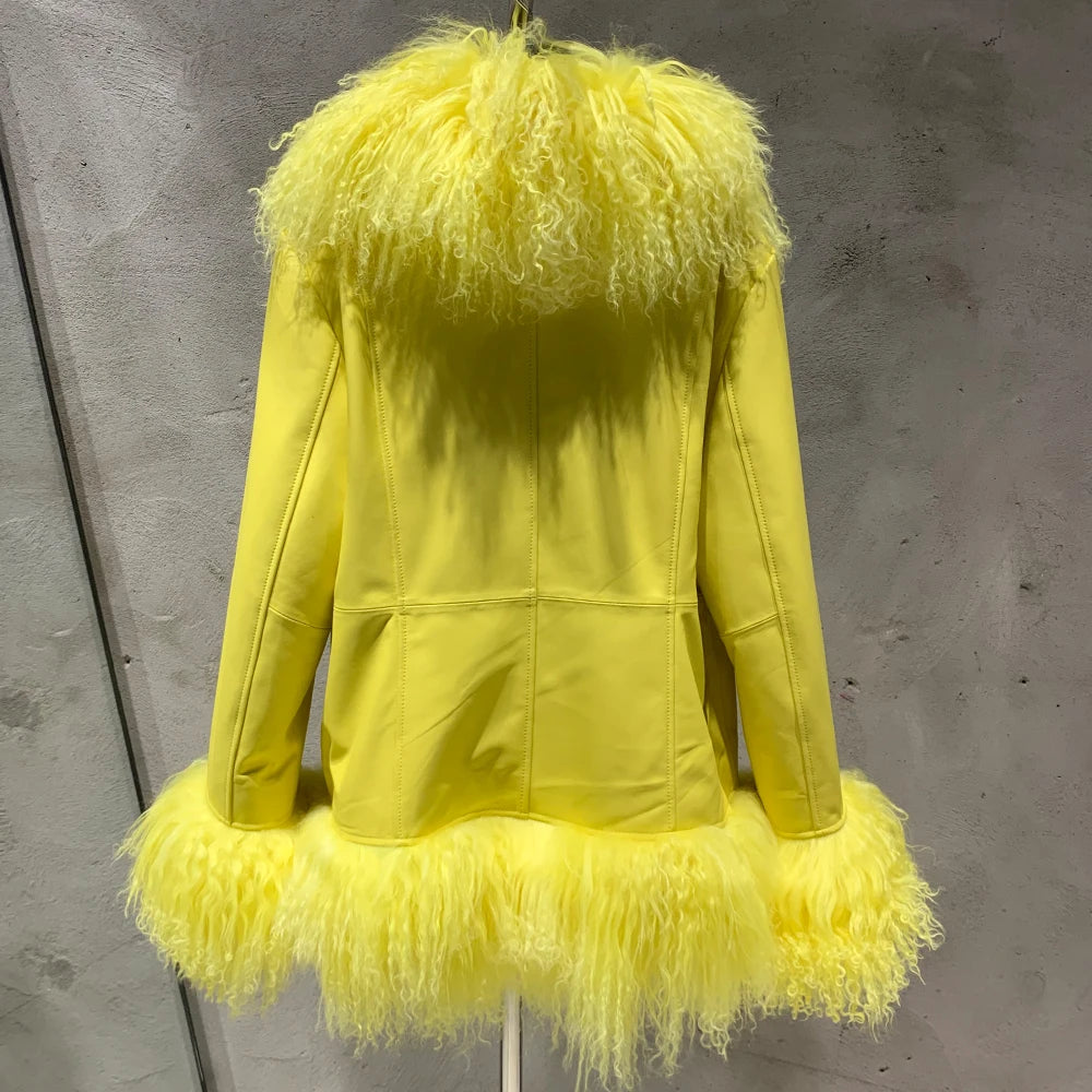 Sheep Collar Coats Women Winter Luxury Mongolian Fur Leather Jackets with Long Sleeve 7251