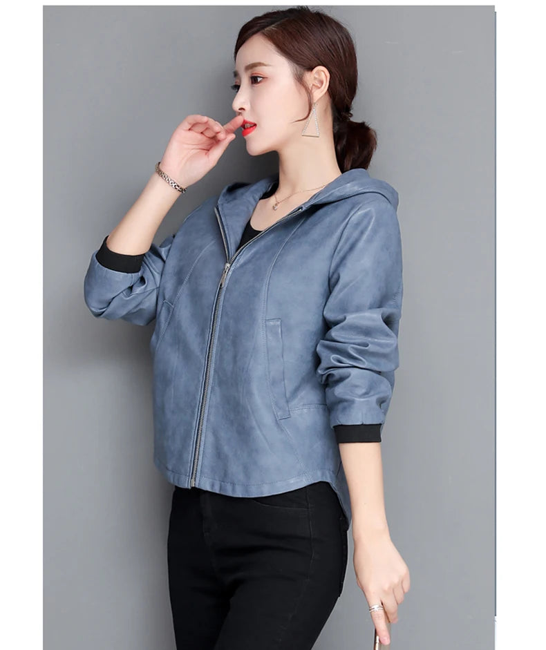 New Women Casual Leather Jacket Spring Autumn Fashion Hooded Zipper Split Leather Loose Outerwear Short Sheepskin Tops Coat