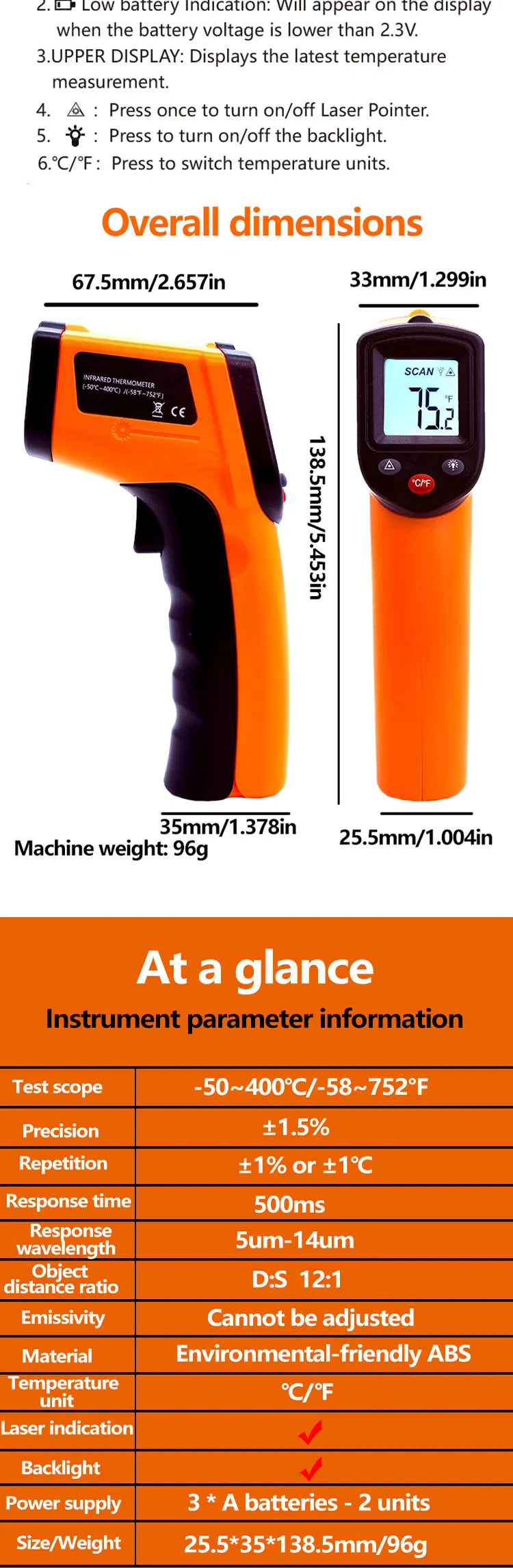 Laser Temperature Gun Infrared Thermometer Sensor Handheld Non-contact IR LCD Industrial Pyrometer Digital BBQ thermometer400 °C