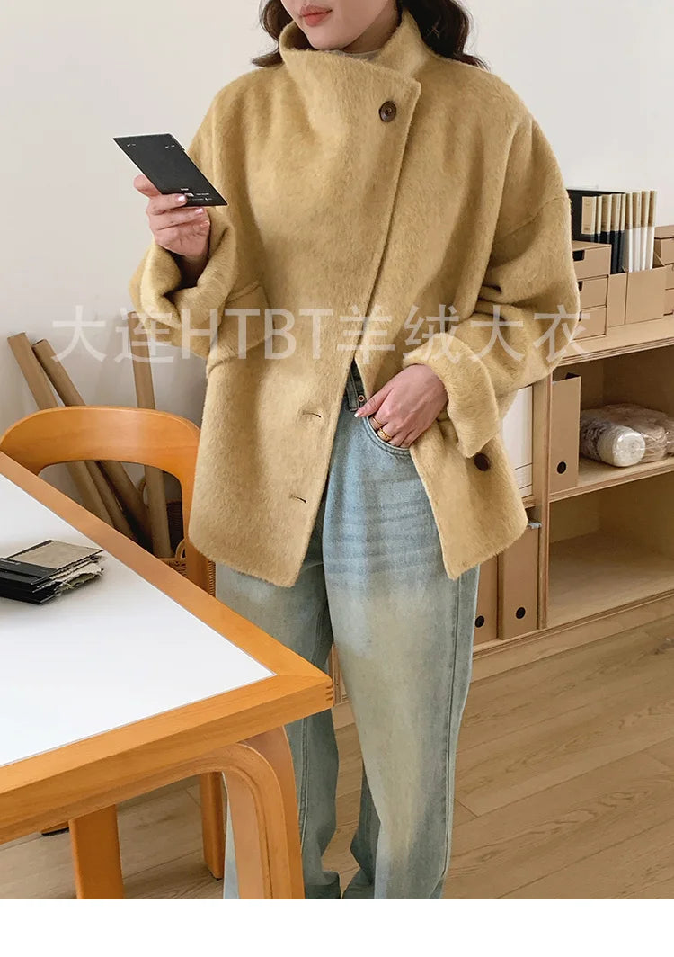 New Winter Short Woolen Coat Fashion Causal Warm Mulberry Silk Lapel Double-sided Wool Coat Loose Suit Jacket Female Tide Autumn