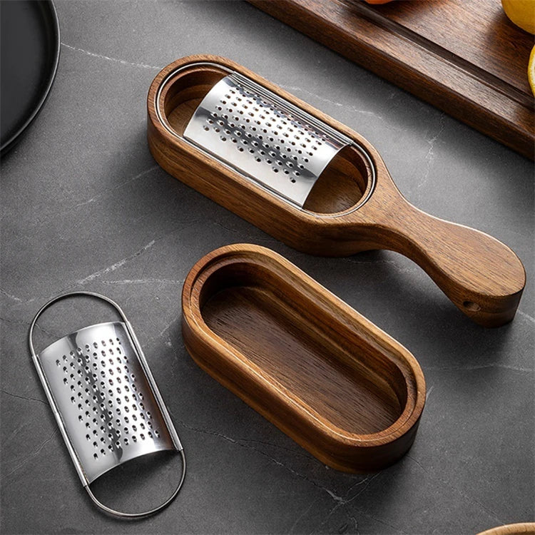 Cheese Grater With Wooden Container 304 Stainless Steel Cheese Grater Box Kitchen Parmesan Zester Cheese Grater Shredder JT