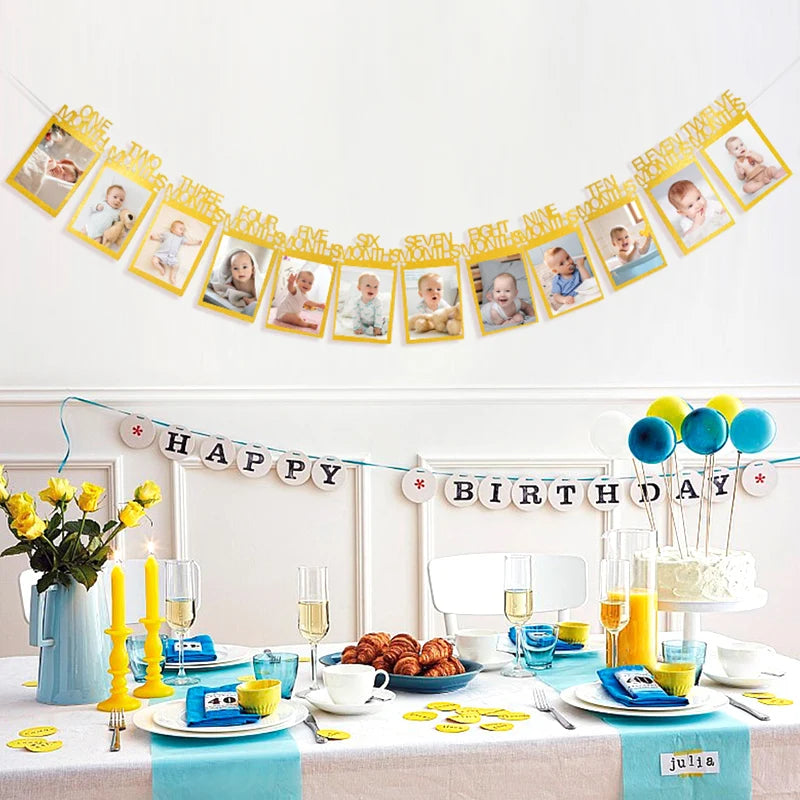 Birthday Baby One Year 12 Months Photo Banner Boy Girl 1 Year First Birthday Party Picture Photo Frame Garland Anniversary Decor