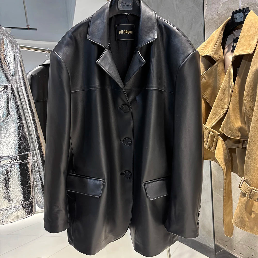 YOLOAgain Single Breasted Oversized Suede Blazer Women Real Leather Jacket Spring 2026