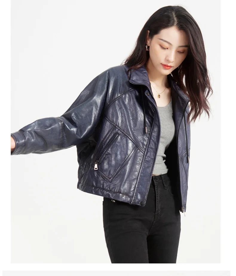 Oil Wax Sheepskin Coats for Women Winter 2024 Green/Blue/Red/Black Fahion Loose Slim Motorcycle Zipper Short Leather Jacket