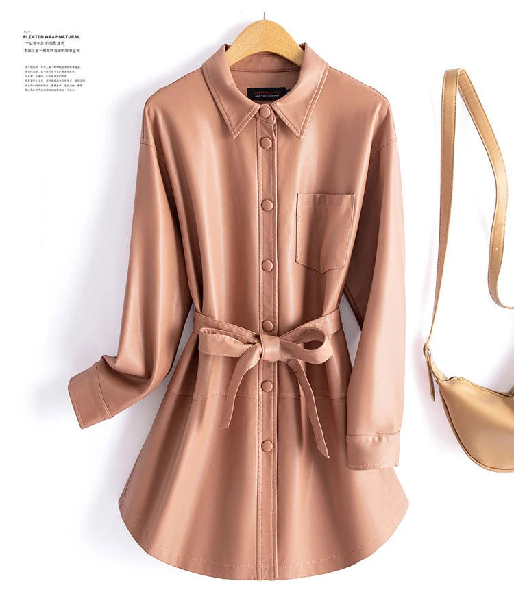 Women's Sheepskin Coat 2024 Autumn New Real Split Sheep Leather Ladies Mid-length Single-Breasted Belt Casual Jacket Outwear