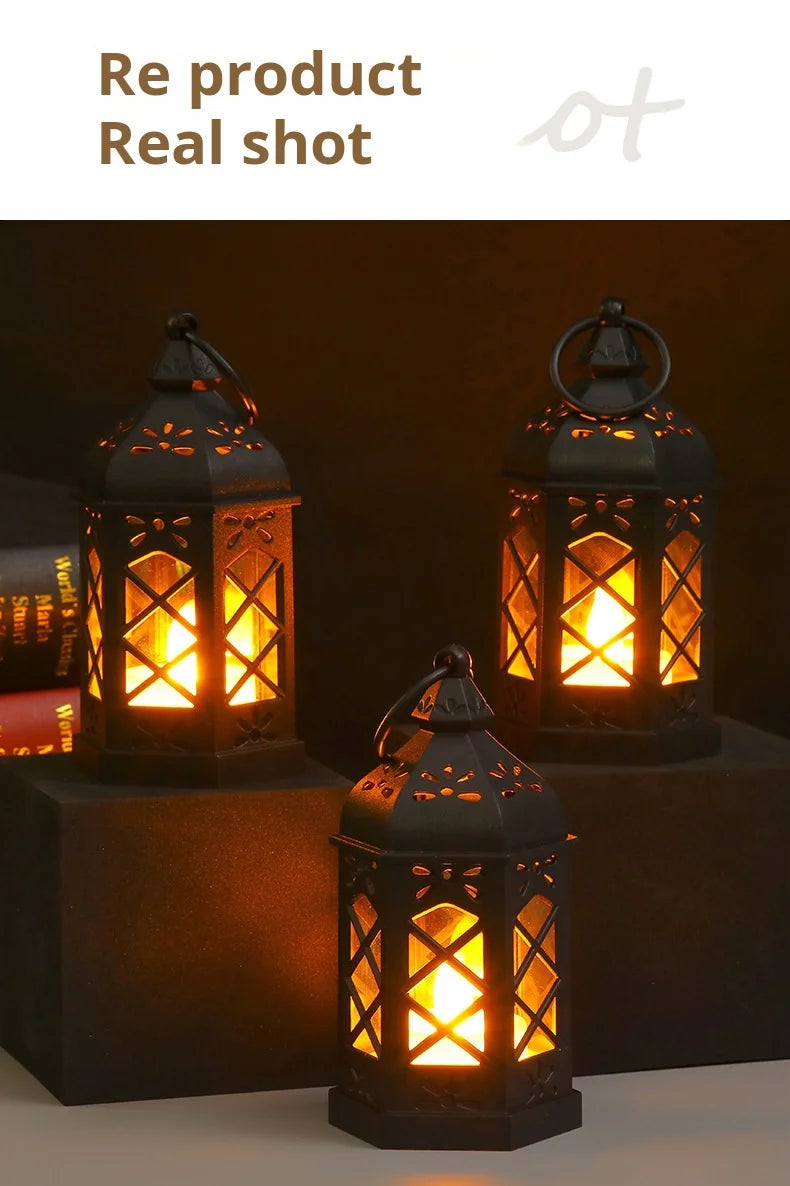 European Ramadan Lamp Mini Plastic Hexagonal Wind Lamp Led Electronic Candlelight Holiday Decoration Christmas Halloween Retro