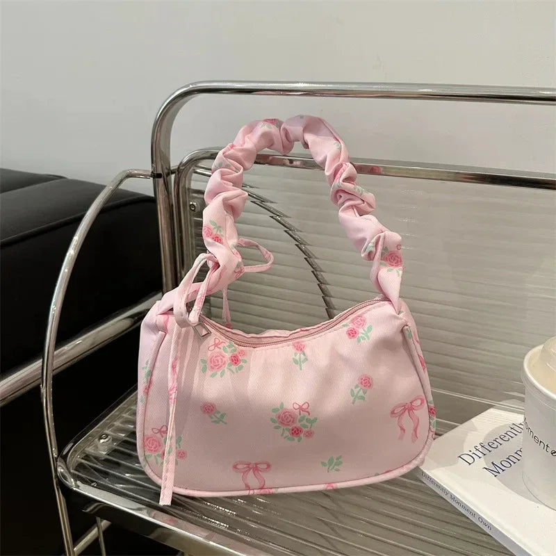 Women's Bag Summer Canvas Pleated Handlebags Armpit Bag Korean Floral Bow Printed Zipper Tote Bag Female Small Shoulder Bags