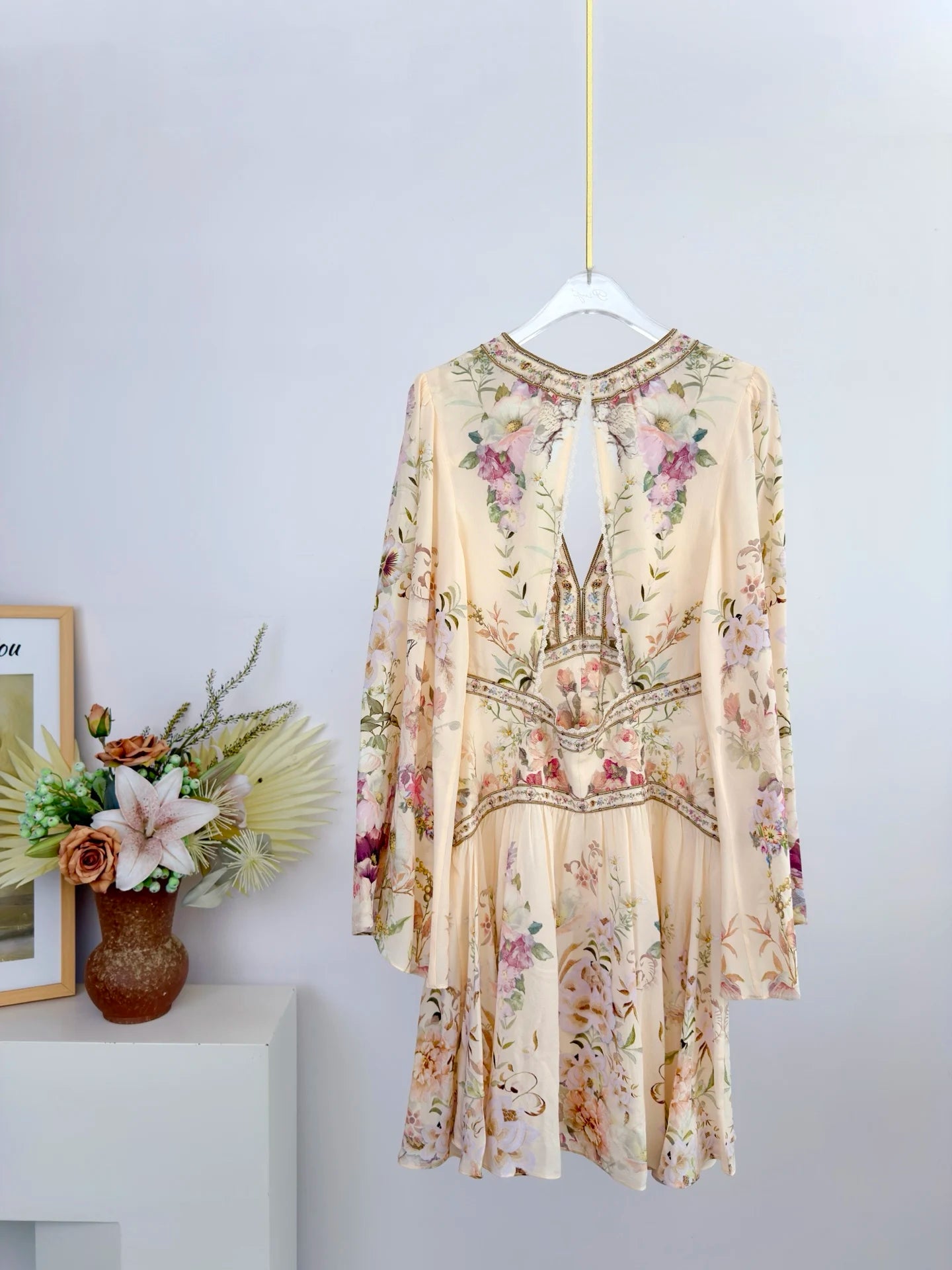 Women Silk Flower Printed Long Dress Heavy Beaded V-Neck Lantern Sleeve Loose Female dress