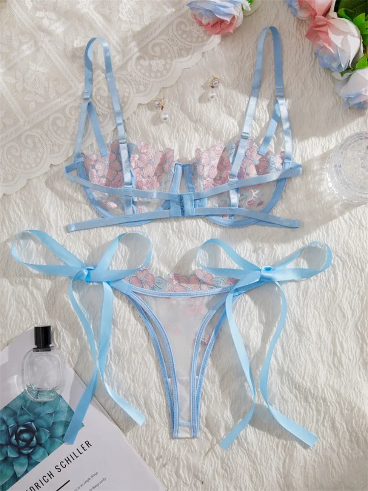 Lingerie Ultra Sexy Beautiful Female Underwear Tulle Fairy Exotic Sets Delicate Embroidery Bra and Panty Set Youth Sexy Lingerie