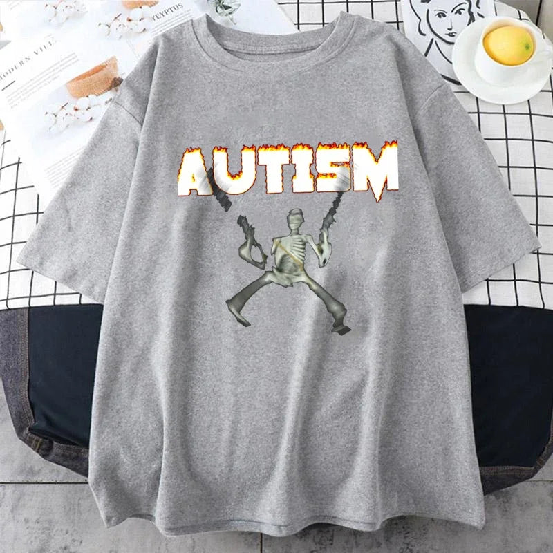 Autism Skeleton Meme Humor Funny Skull Men Women Fashion Hip Hop T-shirt Short Sleeve Fashion Casual Tshirt Oversized T Shirt