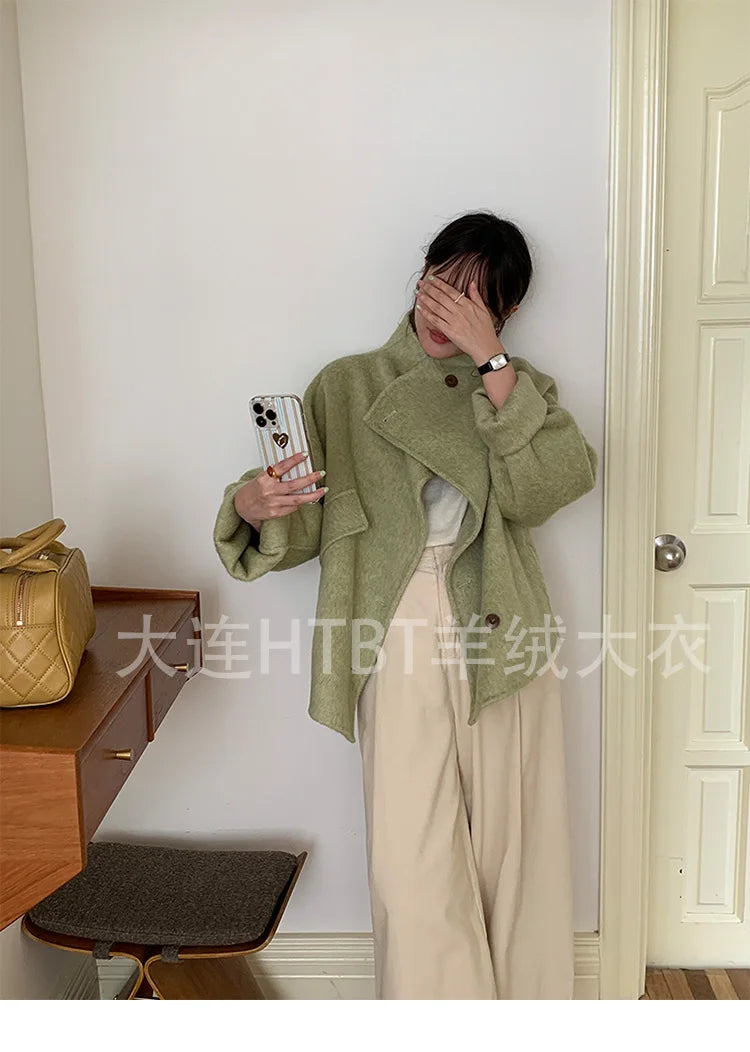New Winter Short Woolen Coat Fashion Causal Warm Mulberry Silk Lapel Double-sided Wool Coat Loose Suit Jacket Female Tide Autumn
