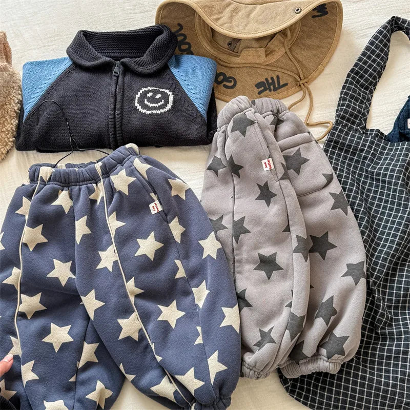 2025 Winter New Children Plus Velvet Thick Casual Pants Fashion Print Boys Fleece Sweat Pants Girls Warm Trousers Kids Clothes