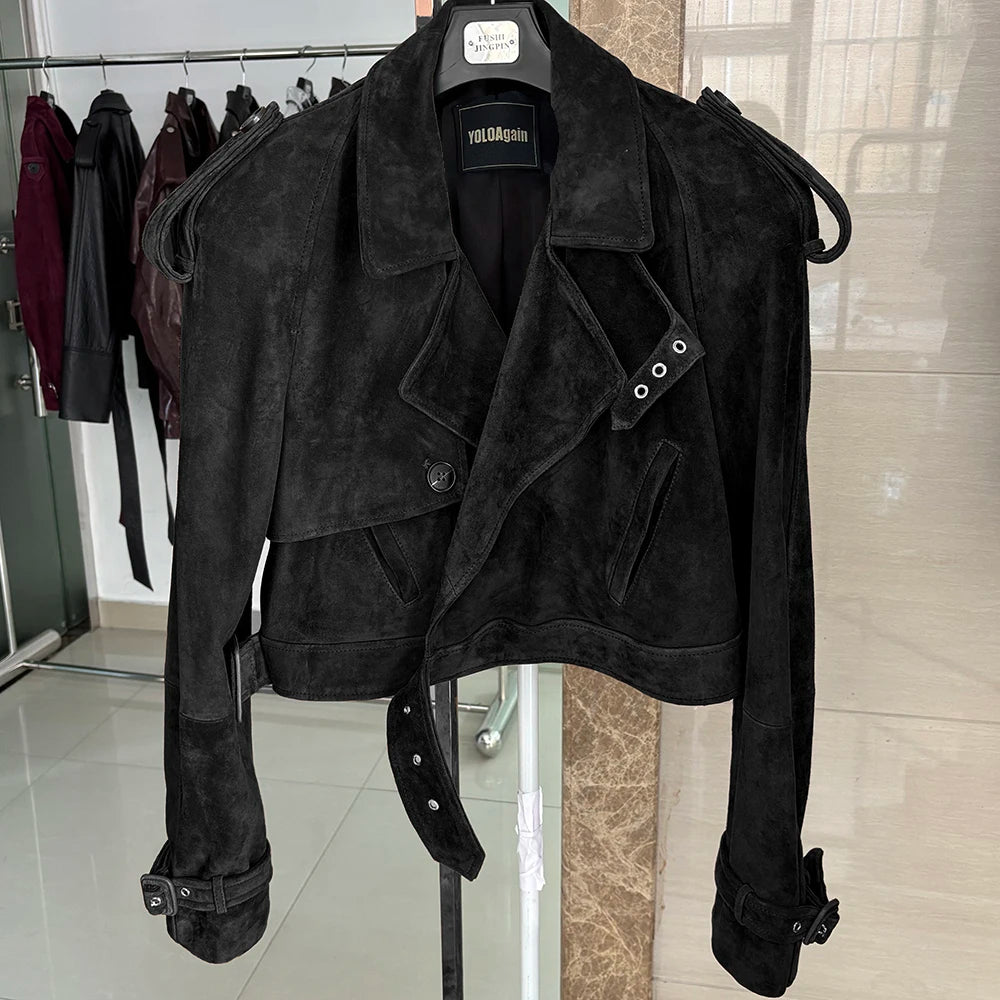 YOLOAgain Wide Shoulder Real Leather Jacket Women Oversized Genuine Leather Cropped Jacket