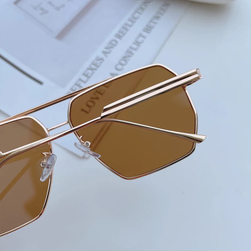 High Quality Square Polarized Sunglasses For Women Retro Oversized Double Bridge Sun Glasses Men Luxury Big Metal Goggle Shades