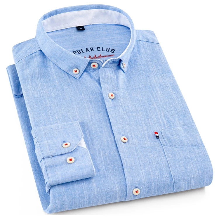Men‘s Solid Button-Down Collar Dress Shirt - Breathable Cotton-Linen Blend - Long Sleeve, Slim-fit - Spring Summer Casual Chic