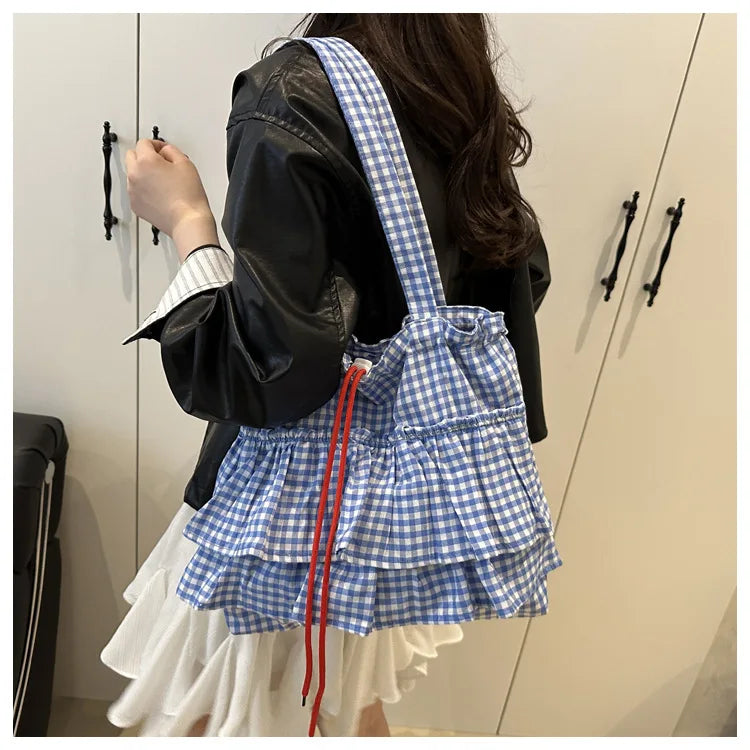 Women's Tote Bag Ruffles Plaid Drawstring Handbag Women Fashion Canvas Shoulder Bags	Large Capacity Korean Bags Bolsos De Mujer