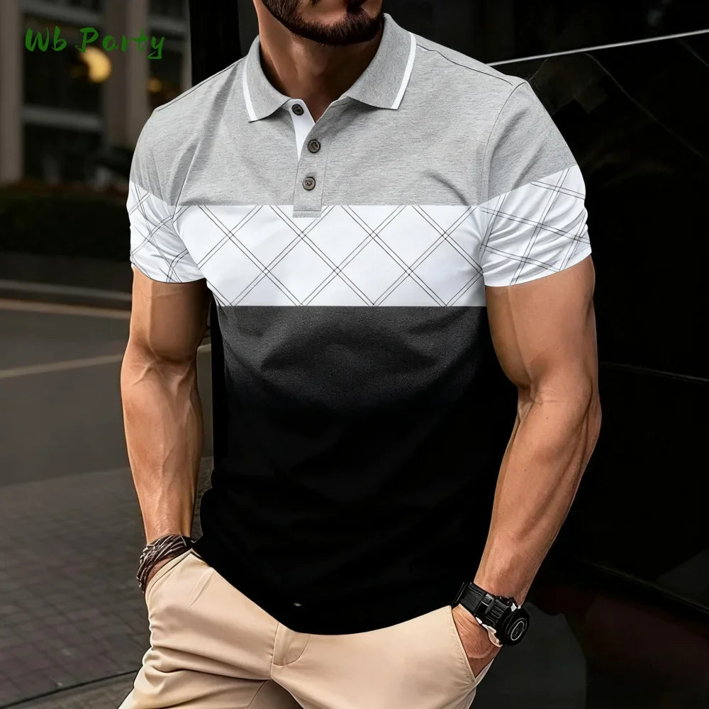 Summer men's polo men's casual short-sleeved polo shirt with striped color block design, sporty polo style collar polo shirt for