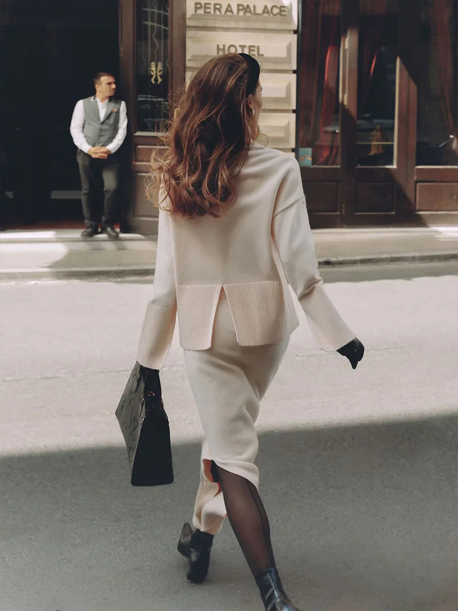 Wolfeel Winter New Thick Women's 2 Pieces Knitted Skirt Suits Soft Turtleneck Sweater Wide Skirt Knitted Outfit Stylish Warm