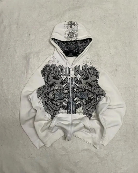 2000s Retro Gothic Print Hoodies Y2K Graphic Print Hip Hop Casual Punk Harajuku Style White Black Hoodies For Men And Women.