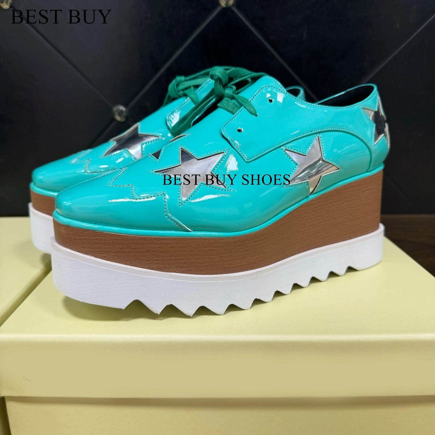Women Fashion patent Stars high Loafers Shoes Lady Square Toe lace-up Thick Bottom Platform Wedge Shoes For Women sneakers