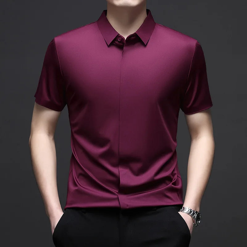 Silk Men Short Sleeve Shirt Business Casual Stretch Pure Color Commercial Affairs Casual Top