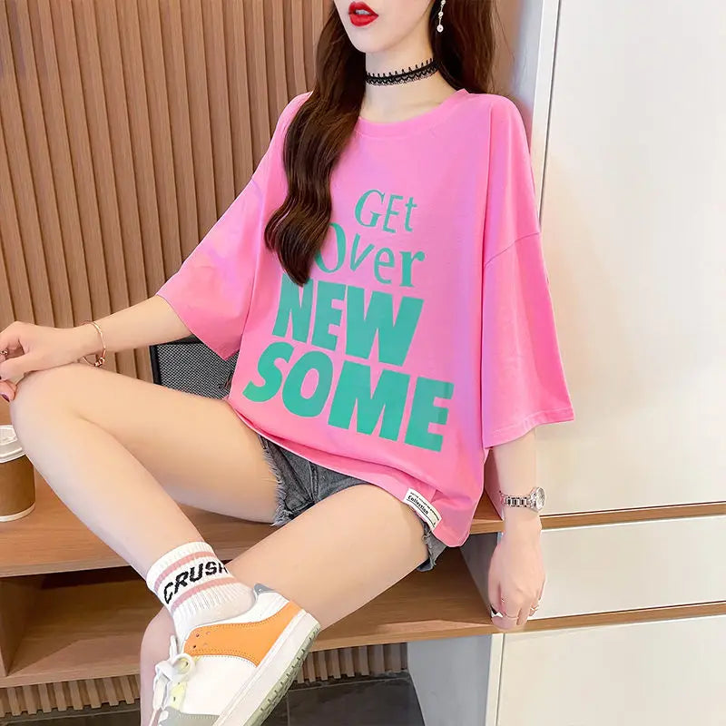 Women's T-shirt Summer Outfit Graphic Short Sleeve Cotton Top Female Baggy Trending Clothing Korean Popular Clothes Cheap Woman