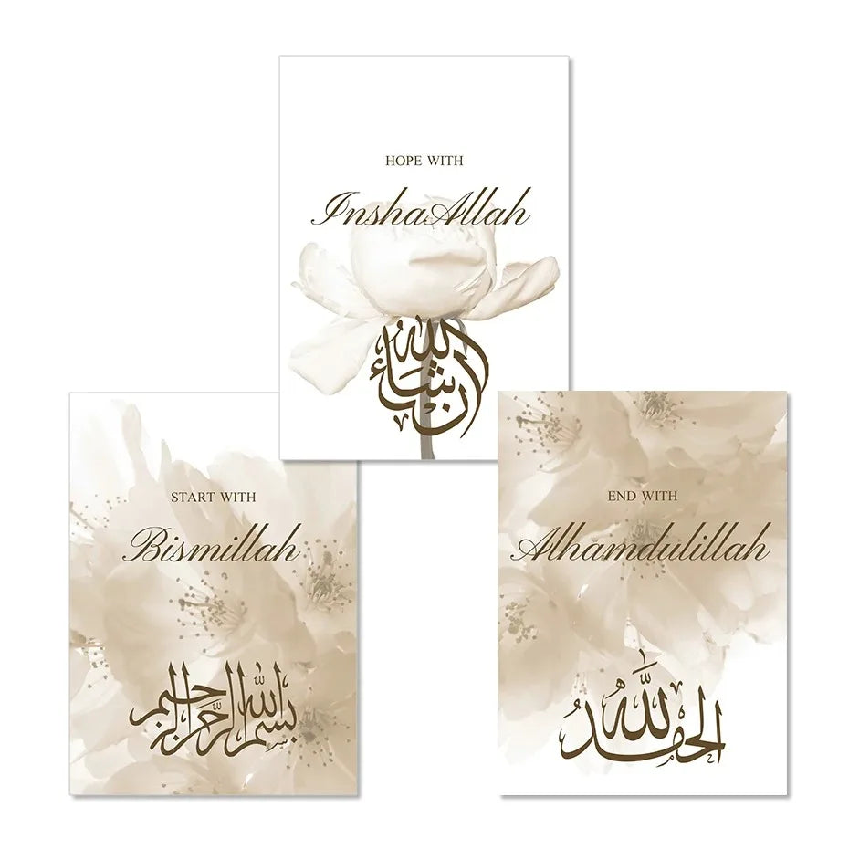 3PCS Islamic Calligraphy Bismillah Beige Floral Posters Canvas Painting Wall Art Pictures Living Room Interior Home Decoration