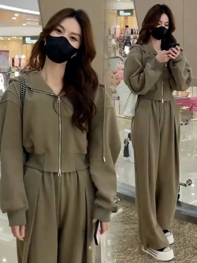 Pant Sets Two Pieces Hooded Hoodies Matching Sets Zipper Sweatshirts Long Sleeve Loose Drawstring Straight Pants Casual