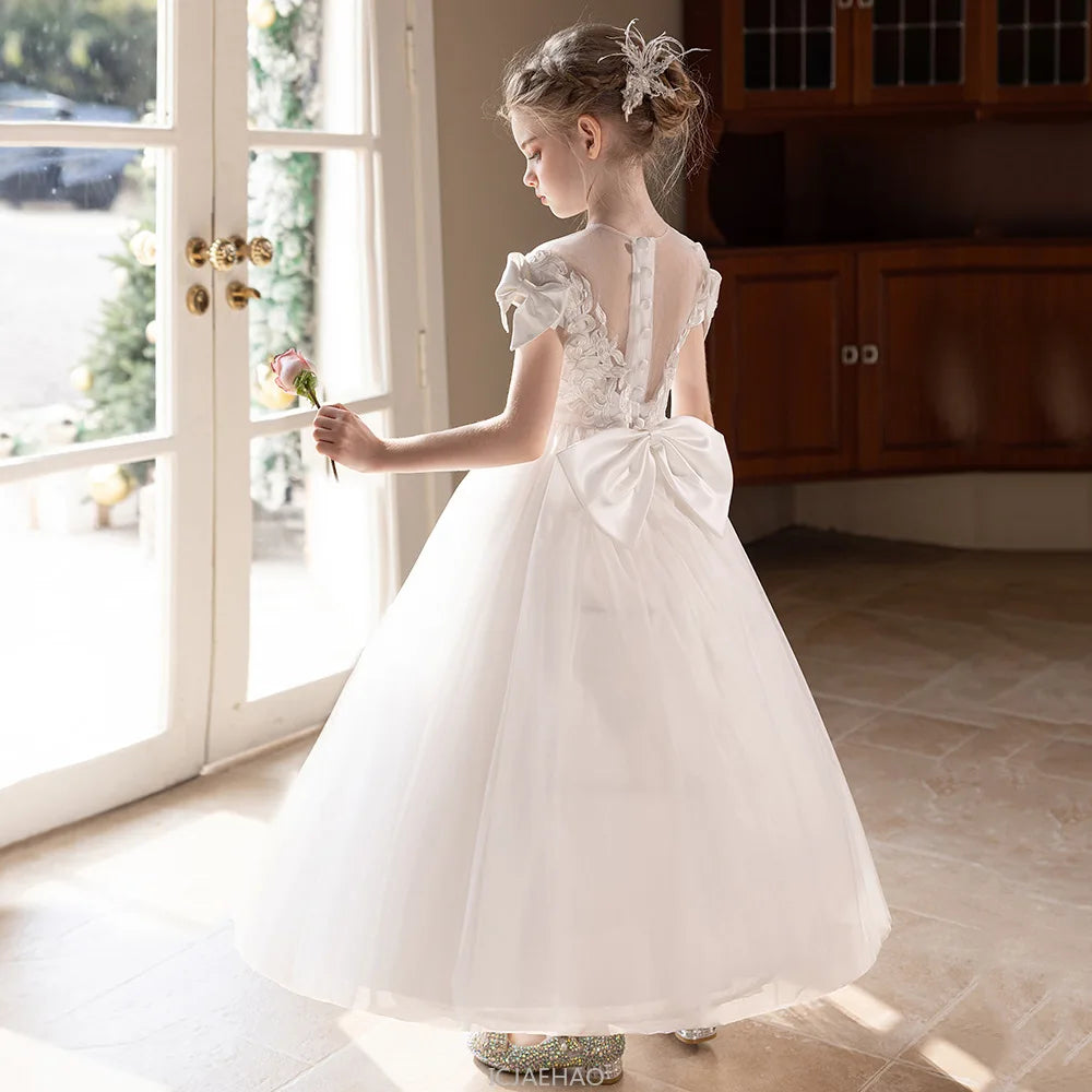 Wed Dress 2025 White Teen Girls Wedding Dress Tulle Ball Gown Big Bow Bridesmaid Dresses Formal Evening Gown Party Wear Costume