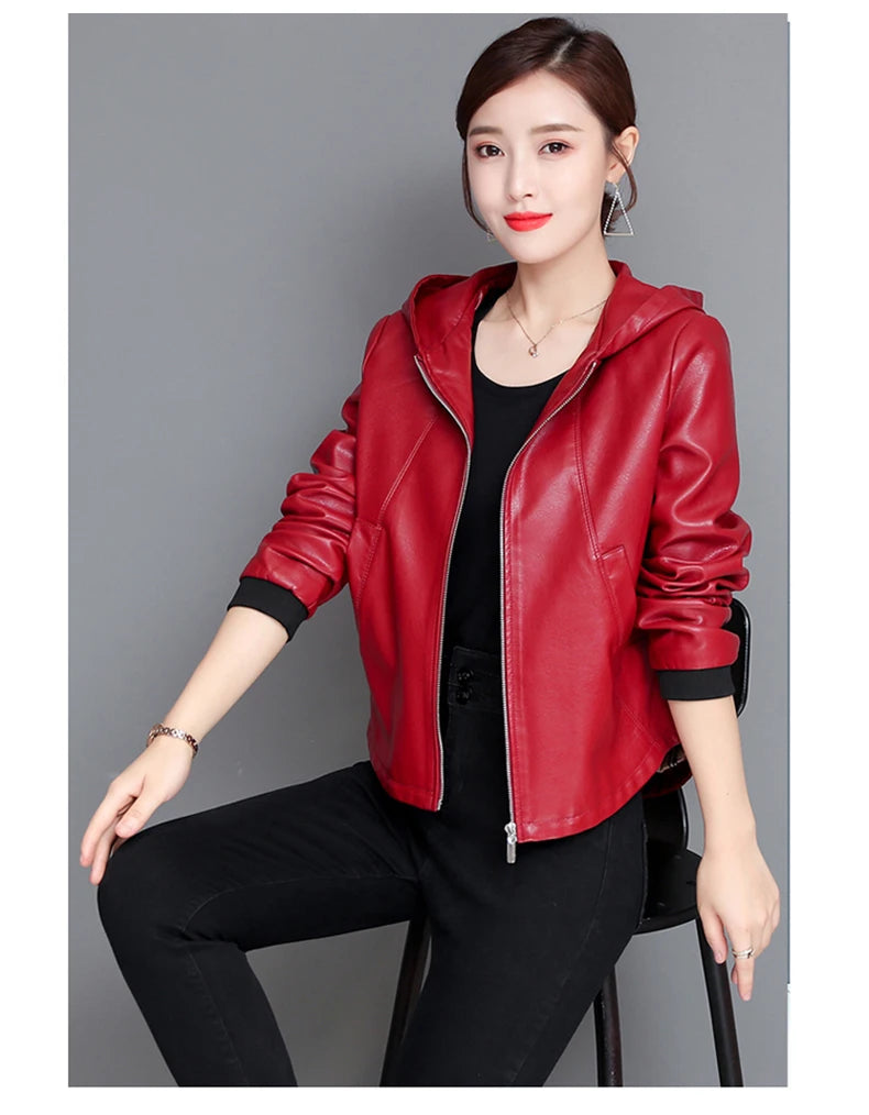 New Women Casual Leather Jacket Spring Autumn Fashion Hooded Zipper Split Leather Loose Outerwear Short Sheepskin Tops Coat