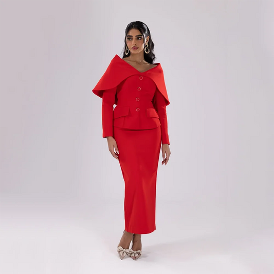 Red Simple Evening Dreeses with Button Cloak Long Sleevles Prom Gowns Customized Straight Ankle Lenght Wedding Guest Party Dress