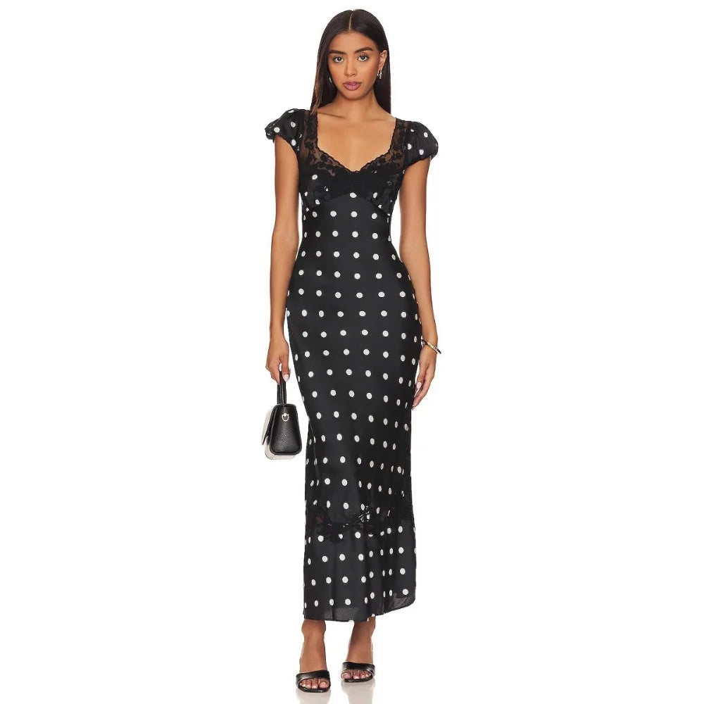 Luxurious Silk Satin Long Dress Elegant Puff Sleeve Polka Dot Floral Gown Sexy Open Back Midi Dresses for Evening Cocktail