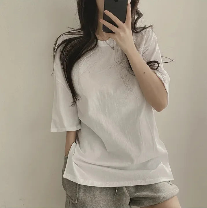 T-shirt for Women in Summer 2025 Slit Black Top Ins Pure Cotton Cotton Mother Simple Loose Long Short Sleeve High Elastic