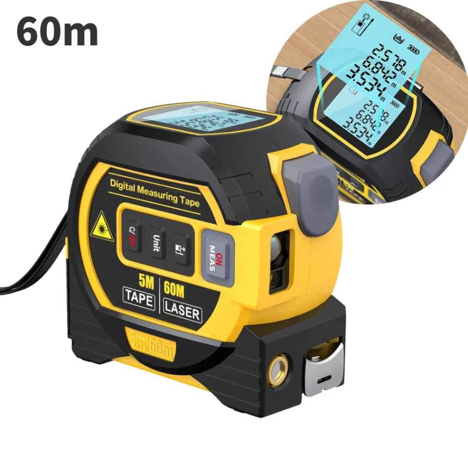 3in1 Laser Rangefinder 5m Tape Measure Ruler LCD Display Distance Meter Building Measurement Device Area Volume Surveying Device
