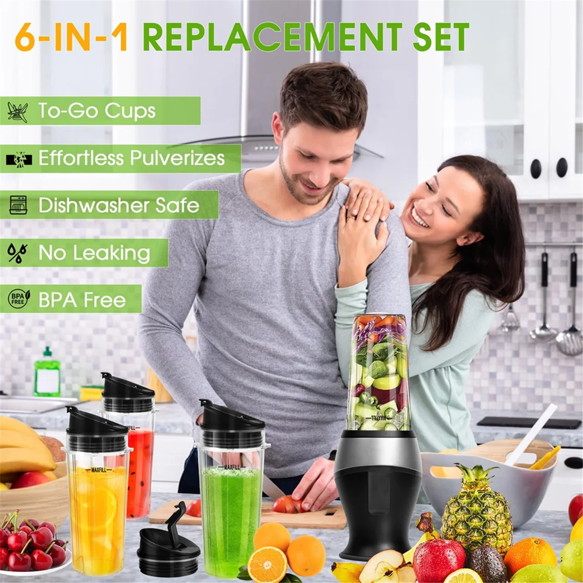 Blender Replacement Parts for Ninja, 3 Pack 16oz Ninja Blender Cups Replacement with To-Go Lids for Nutri Ninja QB3001SS